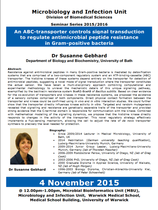 WarwickMicrobio's tweet photo. Seminar 'An ABC-transporter controls signal transduction......' by Susanne Gebhard, Wed @ 12pm @warwickmed https://t.co/IY4VkW1bqx