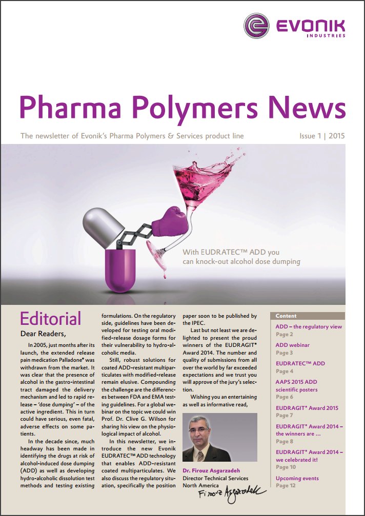 DennisGoerges's tweet photo. Out now: @Evonik Pharma Polymers News 1/15: #EUDRATEC #ADD, #EUDRAGIT_Award 2014, #AAPS2015 https://t.co/OstML7y5EI https://t.co/2lA7fCXkVi