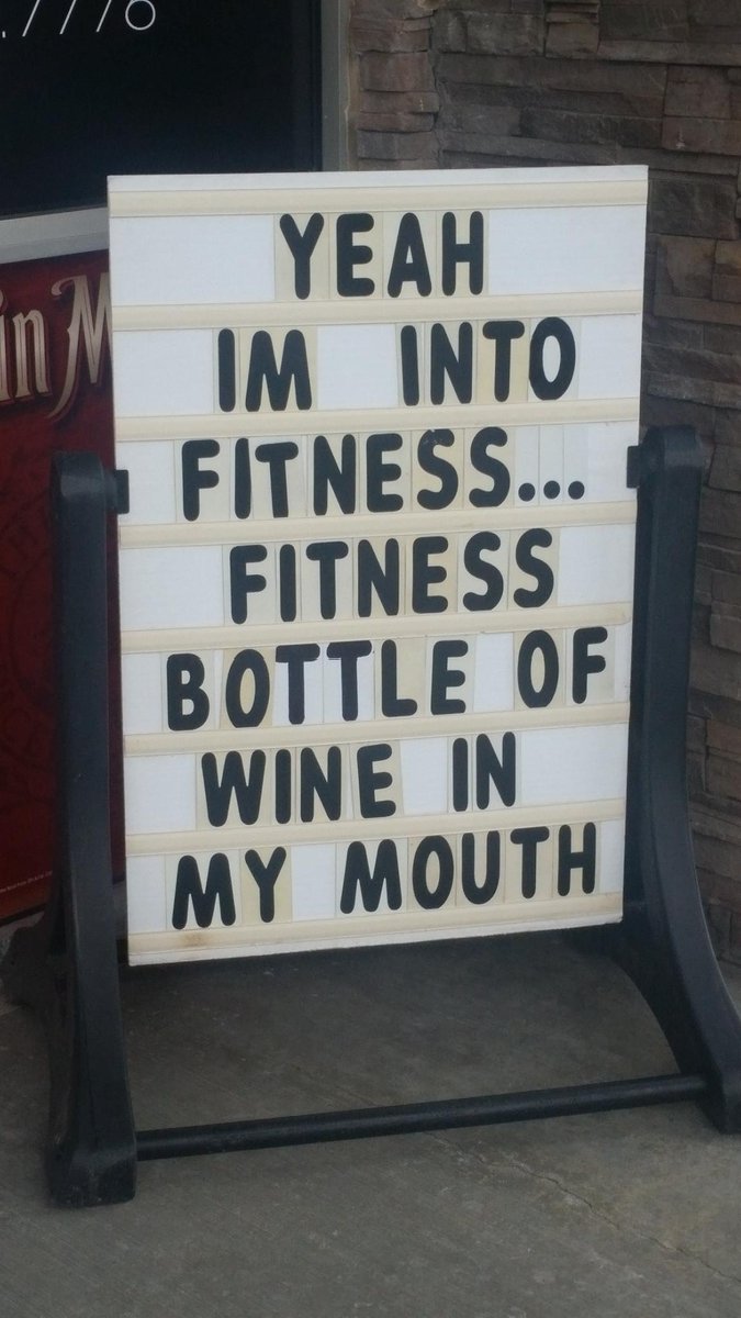 alawine's tweet photo. Yeah I'm into fitness... fitness bottle of #wine in my mouth. RT @mixellany #BarSignOfTheDay https://t.co/2pAtTjjlrA