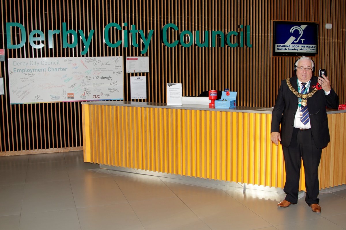 LetsLoopDerby's tweet image. Great start to Hearing Loop Awareness week in Derby! Mayor, Paul Pegg, get's the testing underway for #Loop2015!