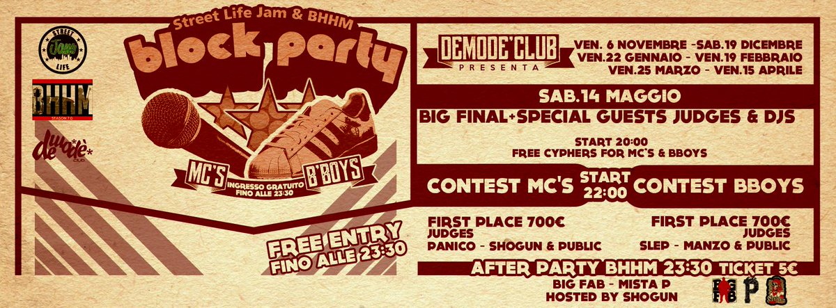 DemodeClub's tweet photo. [EVENT] Venerdì 06.11 - #StreetLifeJam + @barihiphopmetro = #BlockParty
FREE ENTRY - Info: https://t.co/PPeFPBzcM9 https://t.co/N6UKl9hUTk