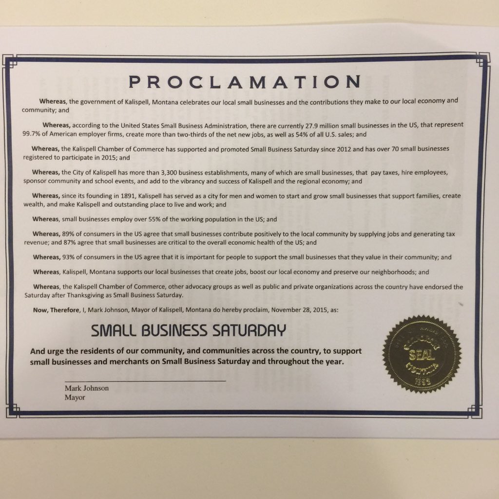 JoeUnterreiner's tweet photo. #SmallBusinessSaturday proclamation issued by Mayor Johnson tonight.  @ShopSmall Nov 28 #shopsmallflathead #ChooseMT https://t.co/sS4CdUCztC