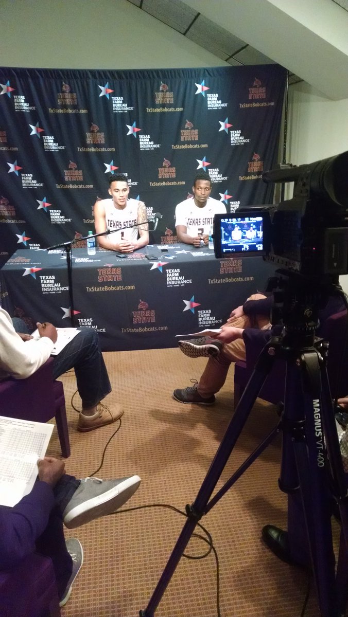 TXStateMBB's tweet photo. Postgame presser with Kavin Gilder-Tilbury and Maljhum McCrea! #eatemupcats #txst #txstatembb https://t.co/datUNsMFPY