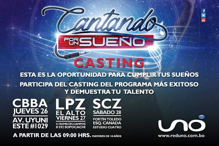 hanscaceresb's tweet photo. #Casting #CantandoBolivia #Cbba 26 #Lpz 27 y #Scz 28 Noviembre 9hrs oficinas de #RedUno, prepárate para brillar ! https://t.co/SsnPF9LrLV