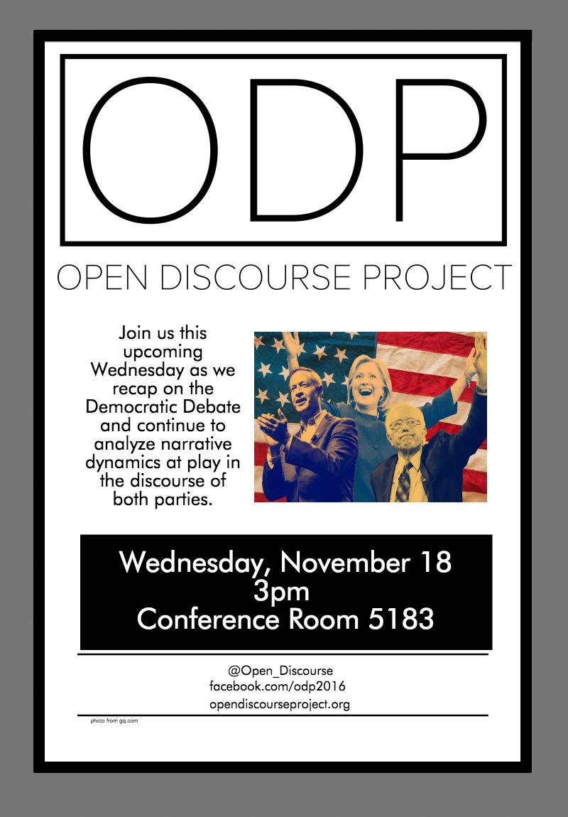 Open_Discourse's tweet image. Join us for a discussion of the Democratic Debate THIS Wednesday at 3 pm in Metropolitan Bldg Conference Room 5183!