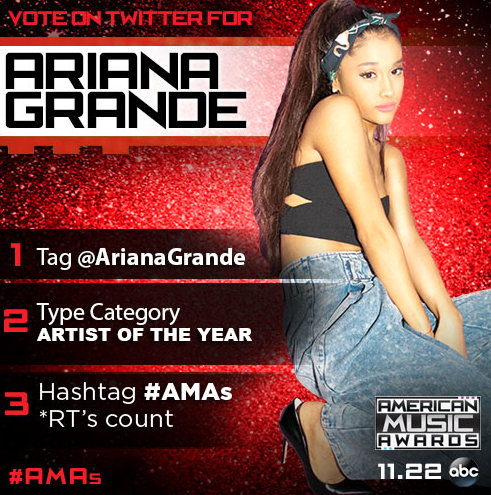 AMAs's tweet photo. RT or follow the steps below to vote for @ArianaGrande for ARTIST OF THE YEAR! #AMAs https://t.co/QA0SRbG2XY