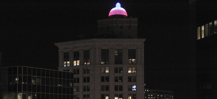 GRPress's tweet photo. The dome atop McKay Tower in downtown Grand Rapids dons the colors of the French flag 🇫🇷  https://t.co/4WXhm8ULGR https://t.co/nn38C7qbdu