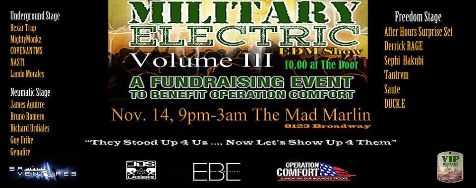 facebook.com/events/1657089… #MILITARYELECTRIC3 #satx #madmarlin <a href="/CeCiL_House/">CeCiL</a> <a href="/2tenplatoon/">2TENPLATOON</a> @Derrick_Rage