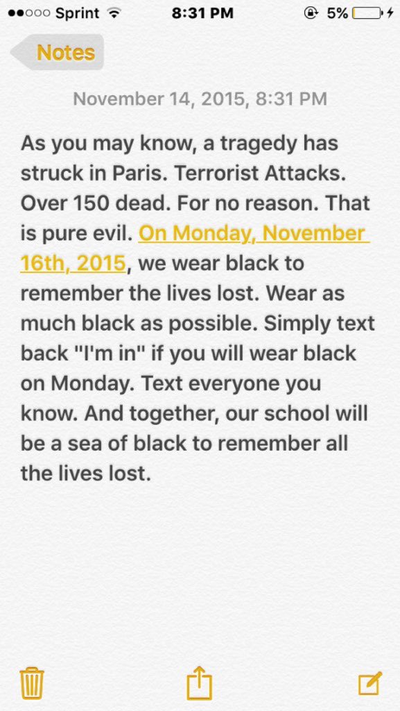 Kc_optimist's tweet photo. Wear black Monday to remember all the lives lost in Paris this weekend.😔🙏🏼🇫🇷⚫️ #PrayForParis https://t.co/aXADr8FWk0
