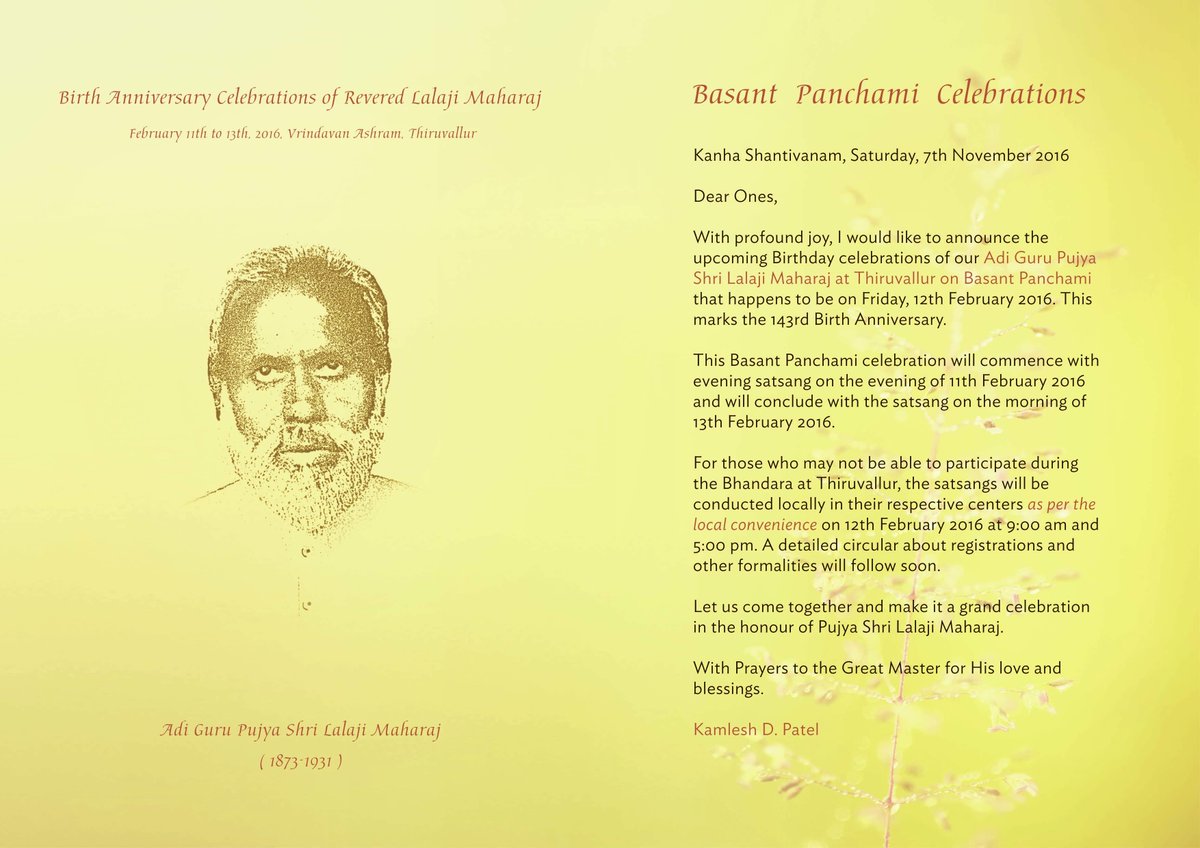 S_R_C_M's tweet photo. @sahajmarg_srcm Basant Panchami Celebration will be held in Tiruvallur 11-13 Feb, 2016 https://t.co/8wSsrMqYZ2 https://t.co/tYjUIiIiTw