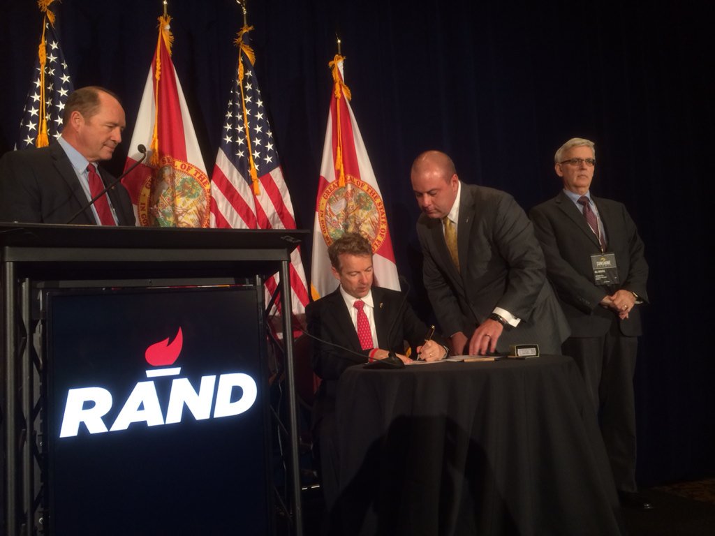RandPaul's tweet photo. It's official! I'm honored to be on the ballot for the GOP nomination in Florida, signed  paperwork today! #liberty https://t.co/cOZuL3kbJl