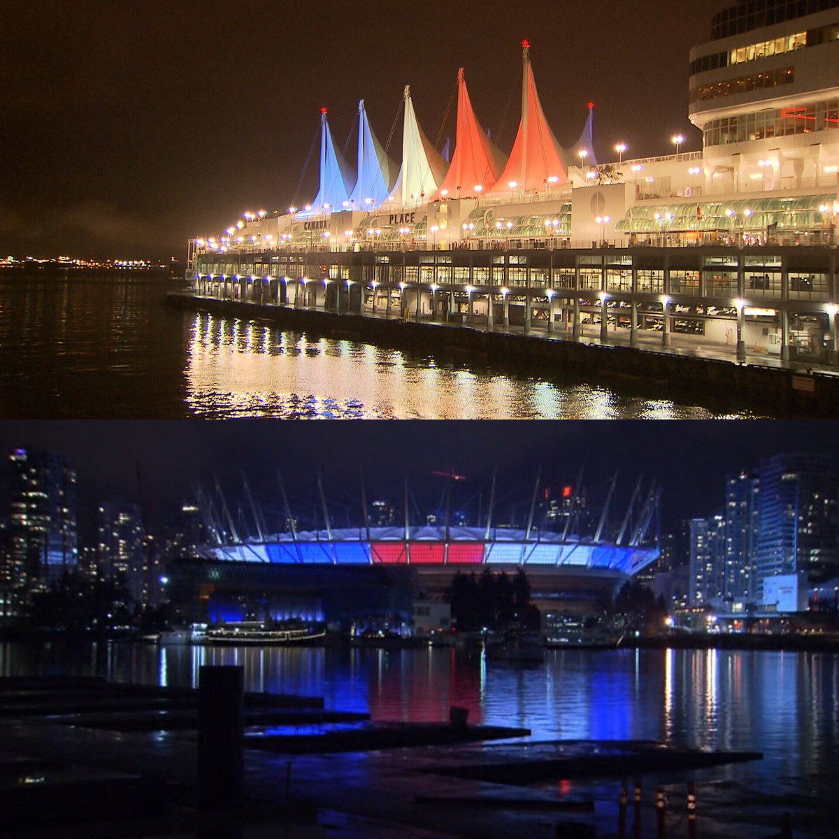 CTVVancouver's tweet photo. Vancouver icons Canada Place and BC Place are lit up in blue, white, and red in solidarity with France. https://t.co/sfCUl8KMu2