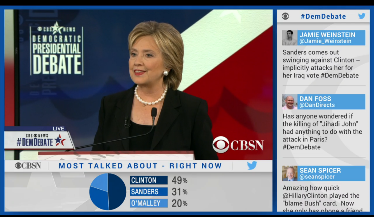 Gov's tweet photo. A glimpse of what viewers of #DemDebate online @CBSNLive are seeing: the candidates live alongside Twitter insights. https://t.co/IdIMeiIOTM