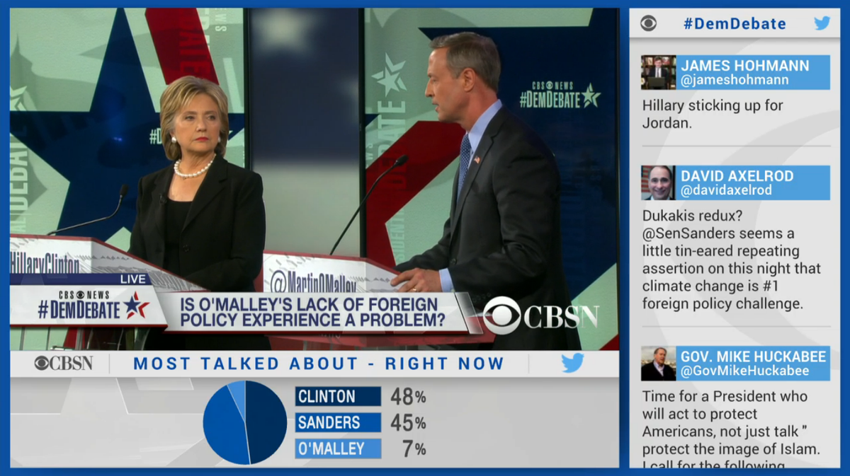 Gov's tweet photo. A glimpse of what viewers of #DemDebate online @CBSNLive are seeing: the candidates live alongside Twitter insights. https://t.co/IdIMeiIOTM
