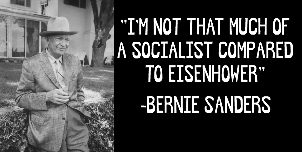 People4Bernie's tweet image. "I'm not that much of a socialist compared to Eisenhower" - @BernieSanders showing his more humorous #DemDebate