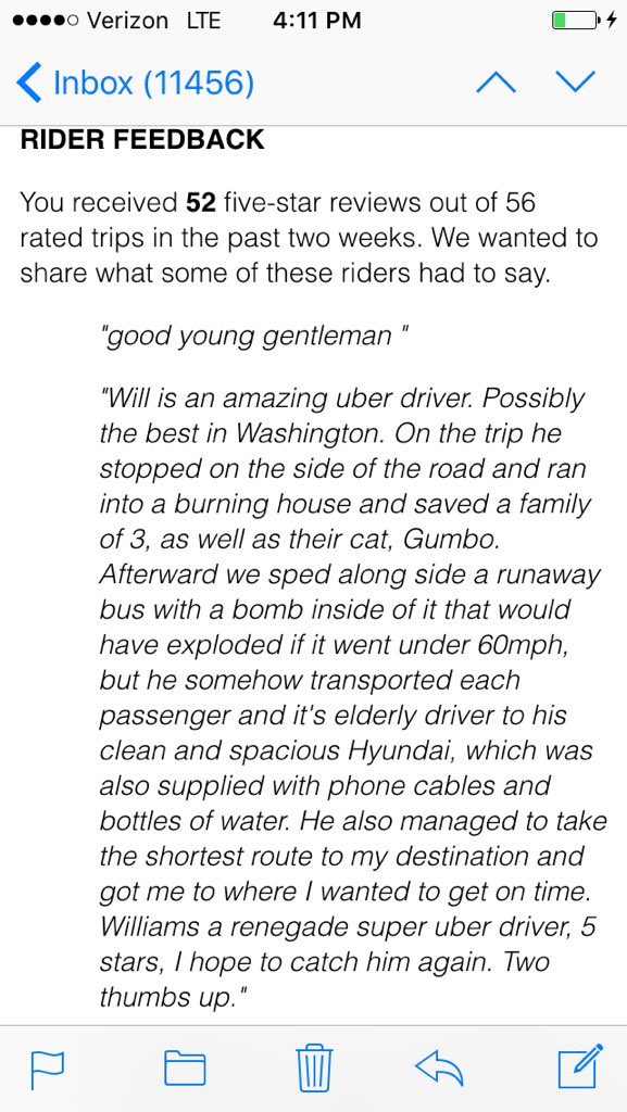 deannastephenss's tweet photo. So my brother received this review from an uber customer... https://t.co/TZVb9LYot2