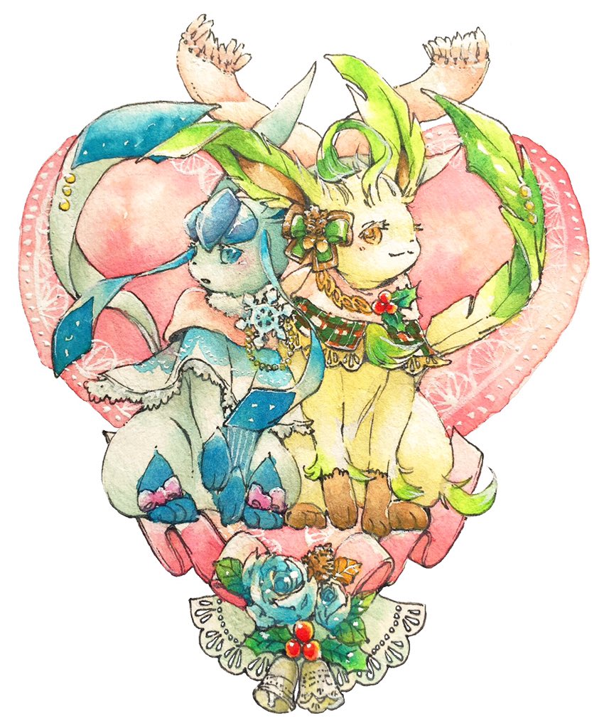 glaceon ,leafeon no humans pokemon (creature) closed mouth blue eyes smile sitting clothed pokemon  illustration images