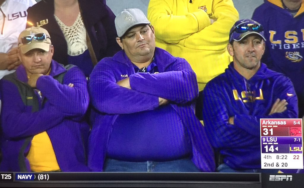 weatherninja's tweet image. When you're an LSU fan and things aren't going well while playing the Arkansas Razorbacks in your own stadium.