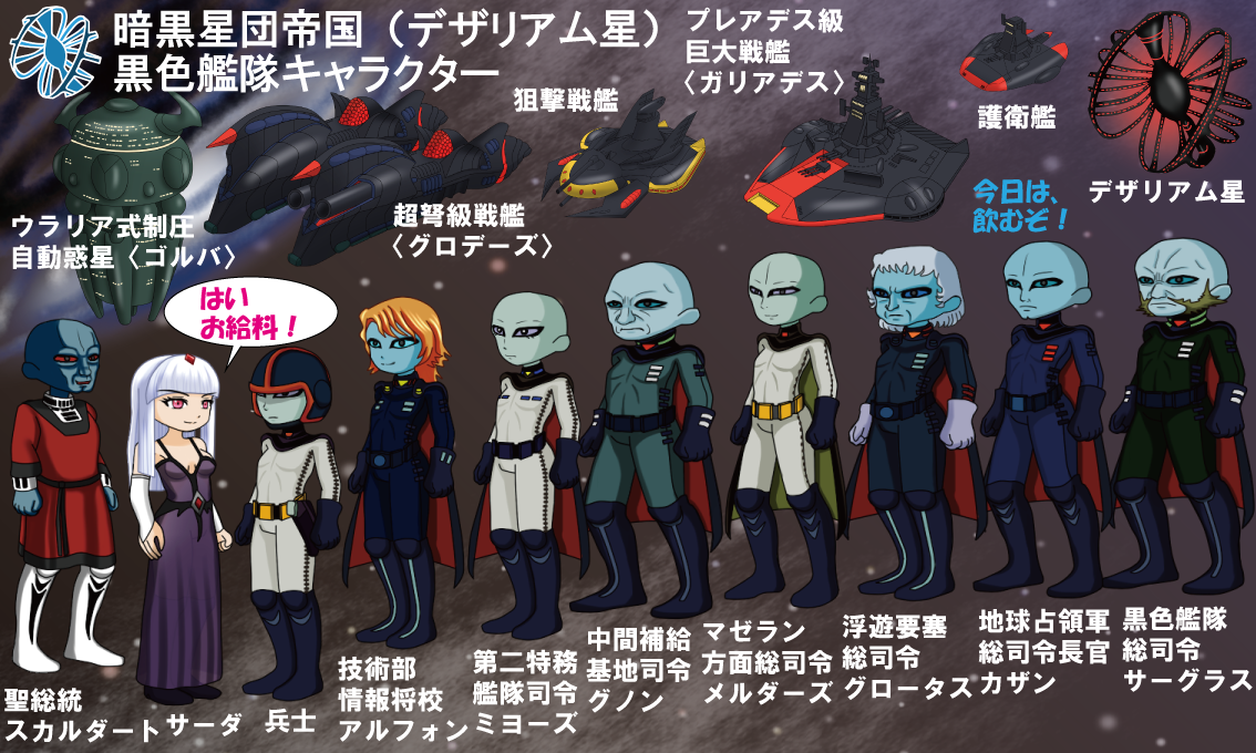 ミレーネル リンケ中尉 On Twitter こんにちは 暗黒星団帝国 デザリアム星 の面子を増やしたので 並べた ネタ元は 劇場版 新たなる旅立ち ヤマトよ永遠に Ps2版 暗黒星団帝国の逆襲 二重銀河の崩壊 です Yamato2199 宇宙戦艦ヤマト