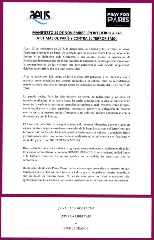 aeus's tweet photo. Os dejamos una copia del manifiesto que leímos ayer a las 18h en la Plaza Mayor. #PrayForParis 🇫🇷 https://t.co/8ixt7xmcbx