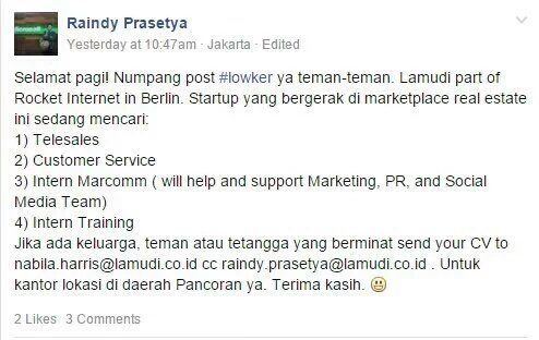 KampusUpdate's tweet photo. Mau magang di Lamudi? Sebagai Marketing communication. Kirim CV ke: nabila.harris@lamudi.co.id #KUjobs https://t.co/FZlJxKE97S