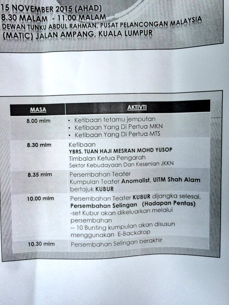 teaterrimbaukm's tweet photo. Aturcara hari terakhir Festival Teater Selangor 2015. Semoga semuanya dipermudahkan untuk kita semua. #FTS2015 https://t.co/HK2zjJoHGC