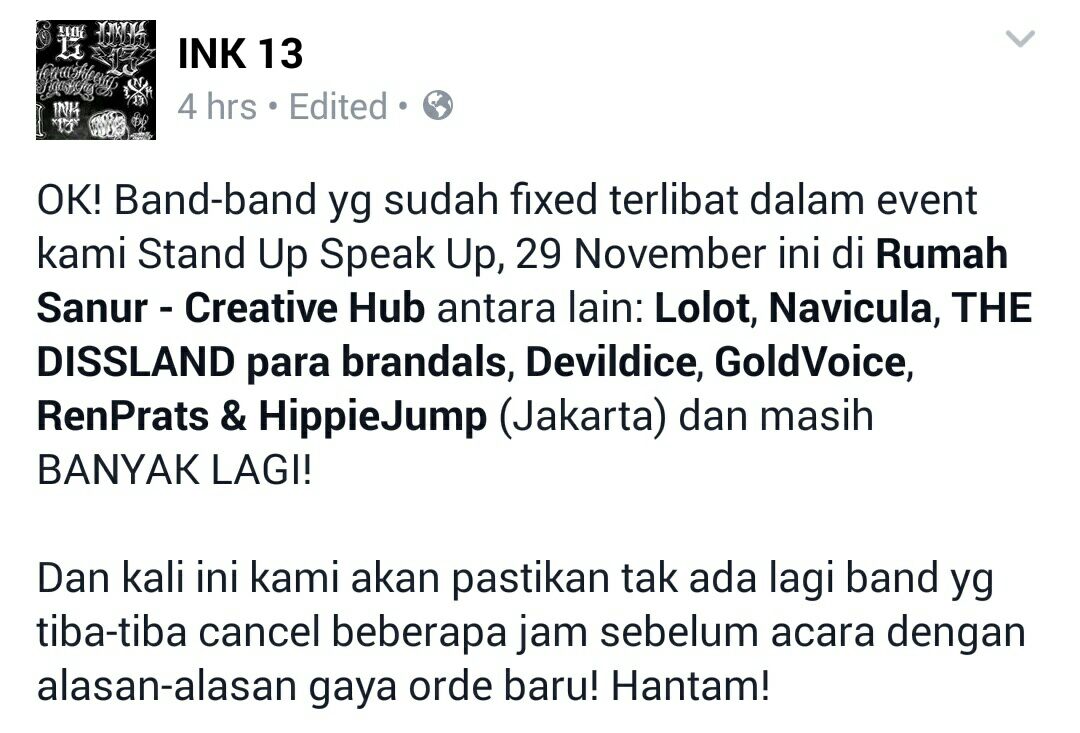 INK13_Official's tweet photo. Band band yg sudah pasti ramaikan acara kami 'Stand Up Speak Up' di @rumahsanur 29 Nov ini. Jeg tepak kulkul bro! :) https://t.co/KsRX9uCbPi