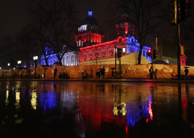 McCaigDiane's tweet photo. Belfast city hall lit up for Paris 🇫🇷 #belfast #paris #ThoughtsWithParis #love https://t.co/2m9qgE8BTK