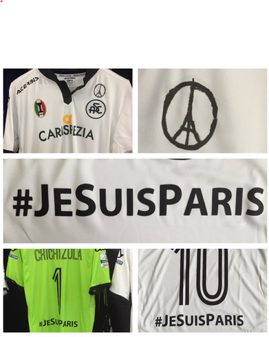 clappingmedia's tweet photo. [#Pray4Paris] Voici le maillot que portera la @acspezia pour son match de SerieB contre Cagliari!
via @Footballogue https://t.co/gPxsEz4ZBA