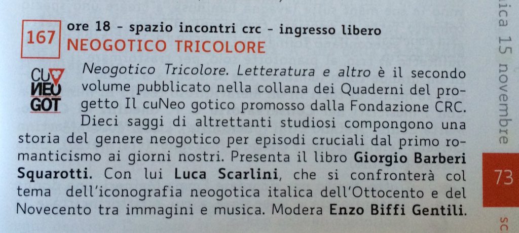cuNeogotico's tweet photo. Appuntamento oggi alle 18 nell'ambito di #Scrittorincittà: con #LucaScarlini il prof. #ValterBoggione di @unito. https://t.co/v9i1qo9gLt