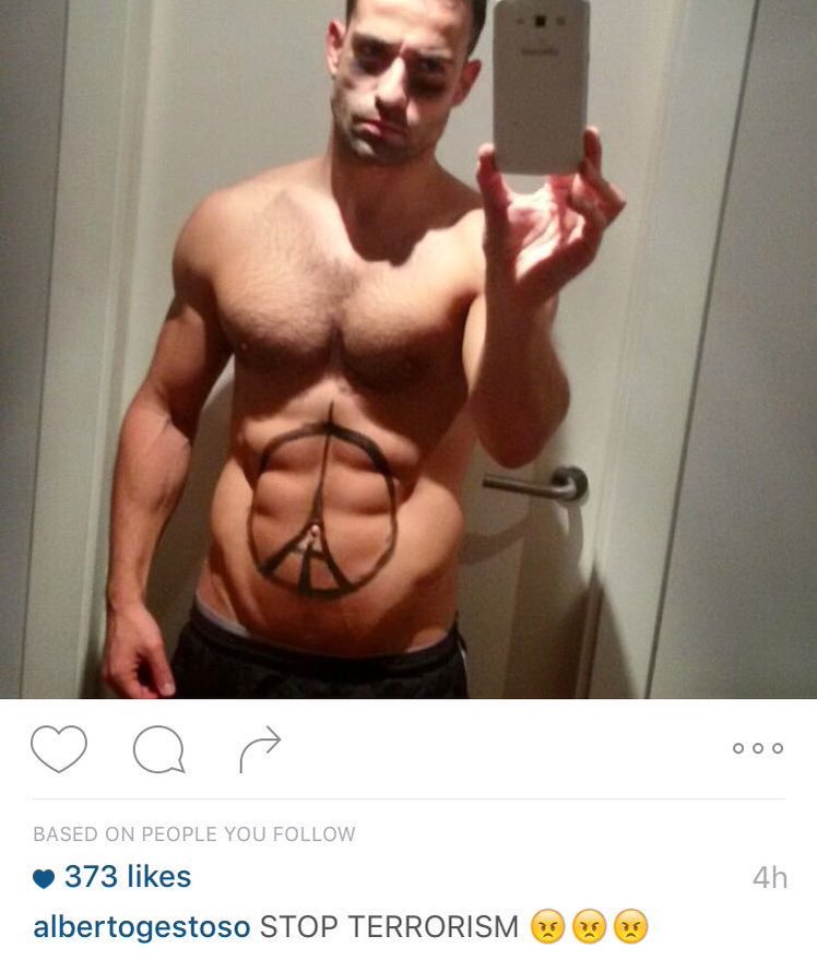 RouReynolds's tweet photo. "Hmmm how I can use this tragedy to get followers..."
 
"Ah, got it. Pecks for peace bro" #AbsForParis

Pillock https://t.co/0xm7PdRZVb