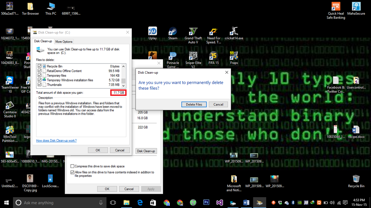 anmolmehrotra_'s tweet image. Pro Tip: Do run Disk Cleanup of C: Drive after updating to #Threshold2. You will end up clearing upto 12 GB space.
