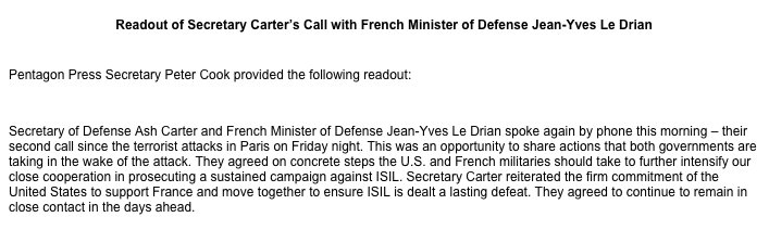 adegrandpre's tweet photo. LATEST: US &amp; French defense chiefs agree to to "further intensify" ISIS war after #ParisAttacks. Awaiting details. https://t.co/WDNtn1zbpc