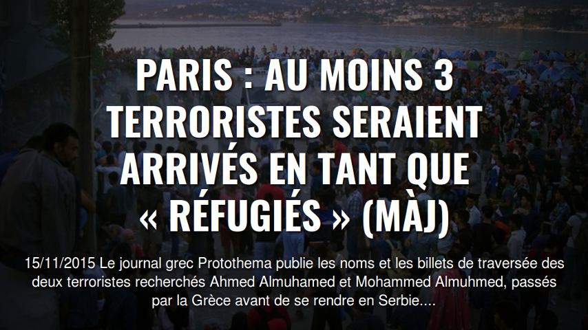 herstalle's tweet photo. #AttentatsParis : Au moins 3 #terroristes seraient arrivés en tant que « #refugies™ »
https://t.co/Id2P5bB0fB https://t.co/TZ947w5wVe