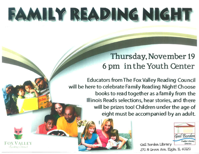 FoxValleyReads's tweet photo. Join us Thursday Nov.19 at the Gail Borden Public Library in Elgin at 6:00 for Family Reading Night! https://t.co/U56WiGS4q0