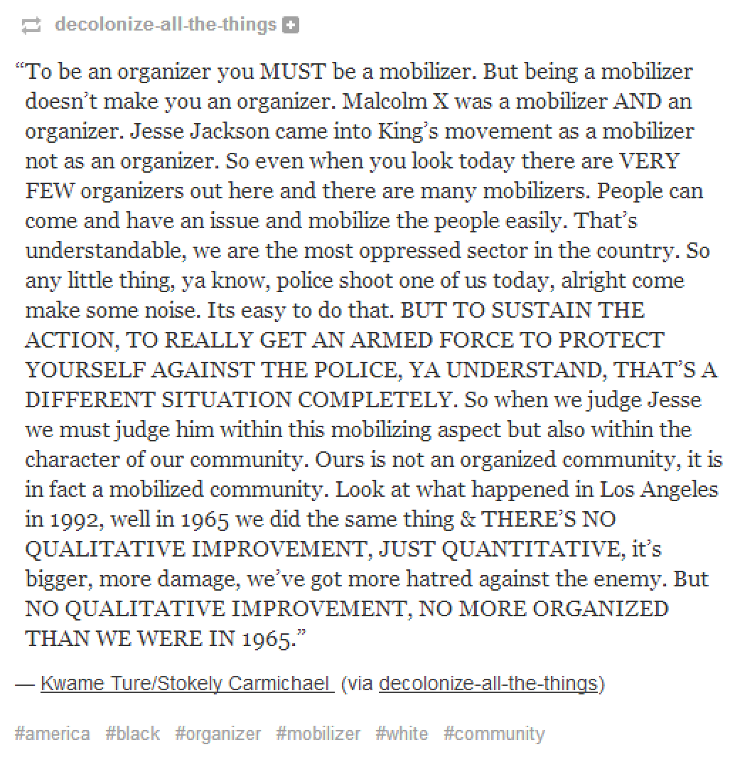 Hood_Biologist's tweet photo. Kwame Ture speaks on the difference between organizers &amp; mobilizers https://t.co/VFcN1IhjWU