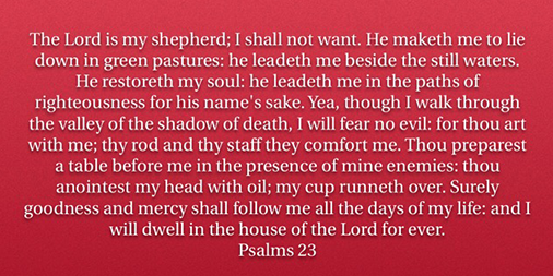 “Yea, though I walk through the valley of the shadow of death, I will fear no evil: for thou art with me.” Psalm 23