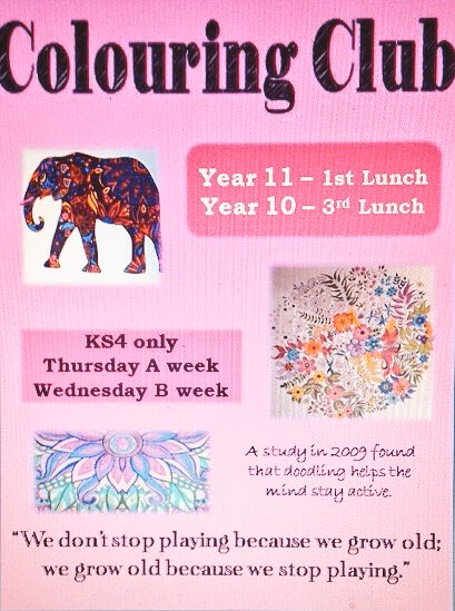 Love the poster <a href="/MissHannahHist/">Hannah Smith</a> has made for mindful colouring club starting soon- stressed over exams? Pop along 😊