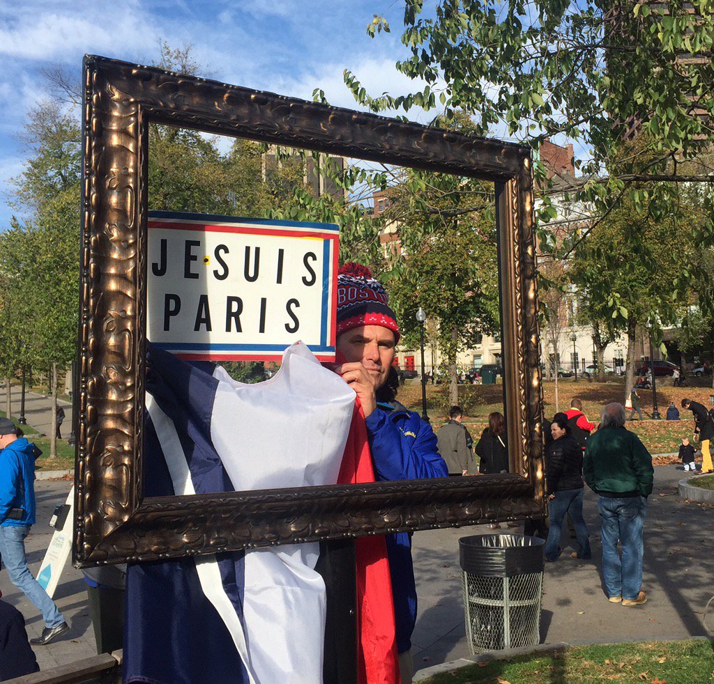 JanetWuNews's tweet image. We met at one atrocity. We meet again because of another. Cowboy Hat Hero Carlos Arredondo #ParisStrong rally