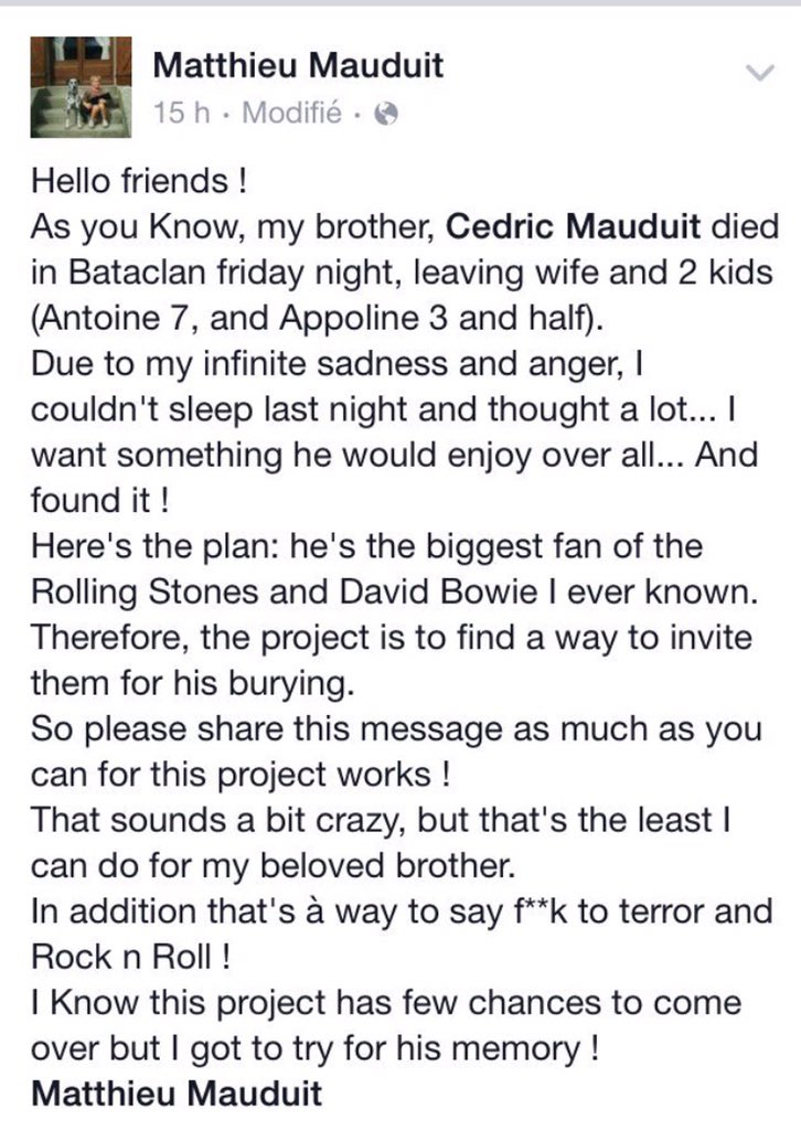 cecile2menibus's tweet photo. Le frère de #CédricMauduit, décédé vendredi, lance un appel aux #Stones #Bowie pour assister à sa mise en terre. ❤️ https://t.co/Eghe8T03Nd