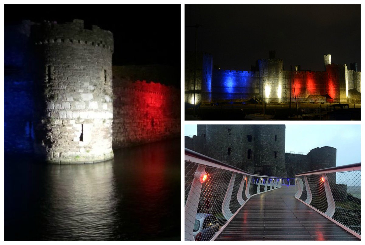 northwaleslive's tweet photo. North Wales castles lit up in French colours as mark of respect to victims of #ParisAttacks https://t.co/7Jlo1zejQ4 https://t.co/1w5uXantmO