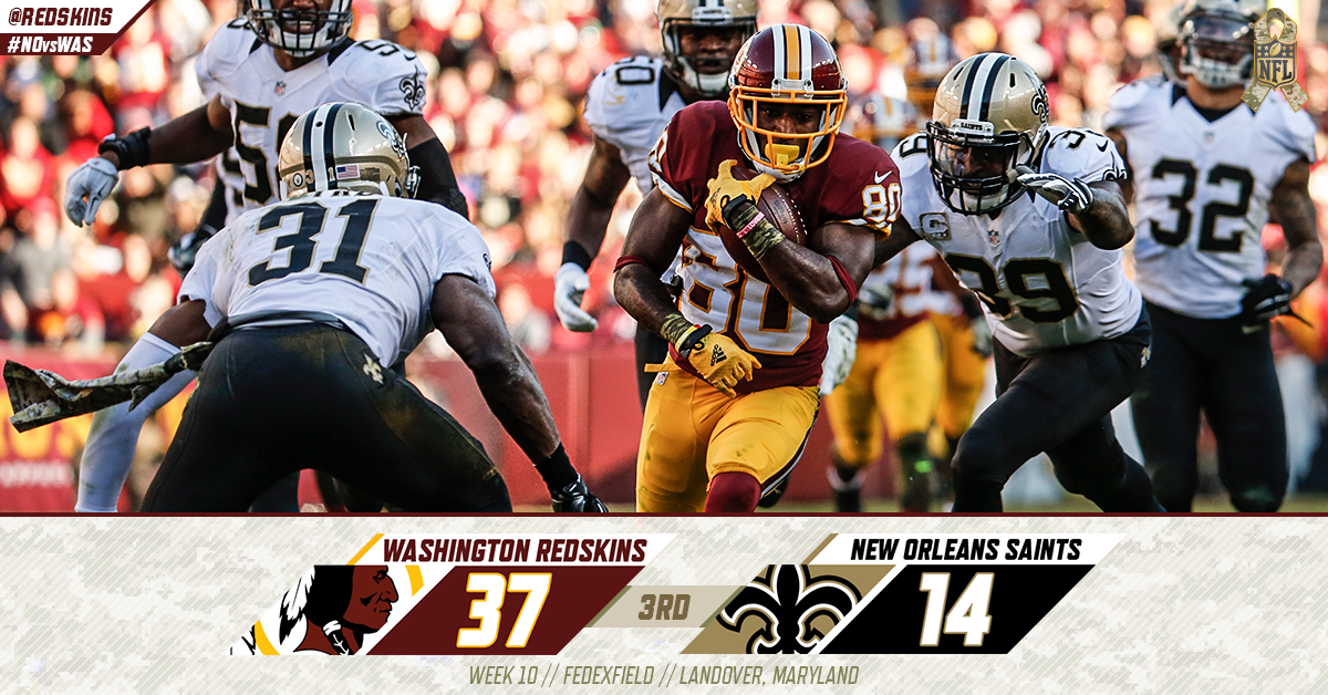 Commanders's tweet image. #Redskins take a big lead into the 4th. #NOvsWAS 

Time to finish: redsk.in/1OapX8v
