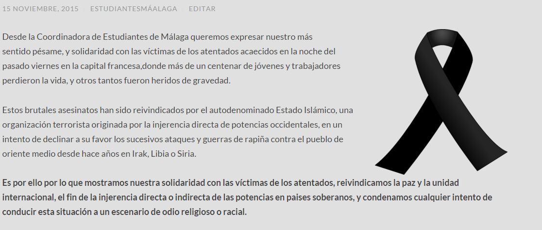 EstudiantesMLG's tweet photo. Comunicado de solidaridad con las víctimas de los atentados de París
https://t.co/sPCOG3kgc7 https://t.co/3gADF6ImYq