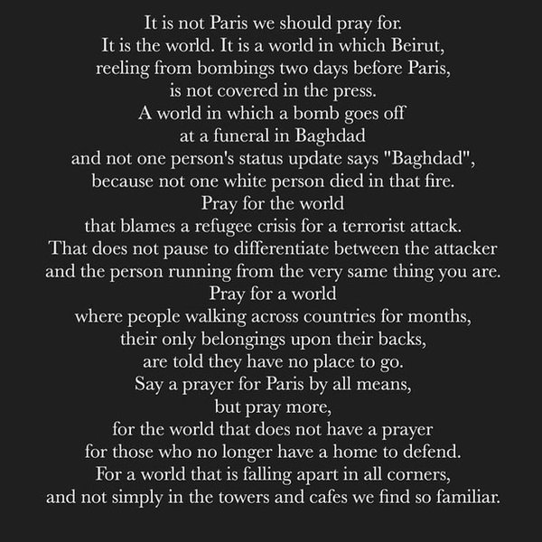 BuzzFeed's tweet image. A blogger’s poem on why we shouldn’t just pray for Paris has gone hugely viral bzfd.it/1N44JMj