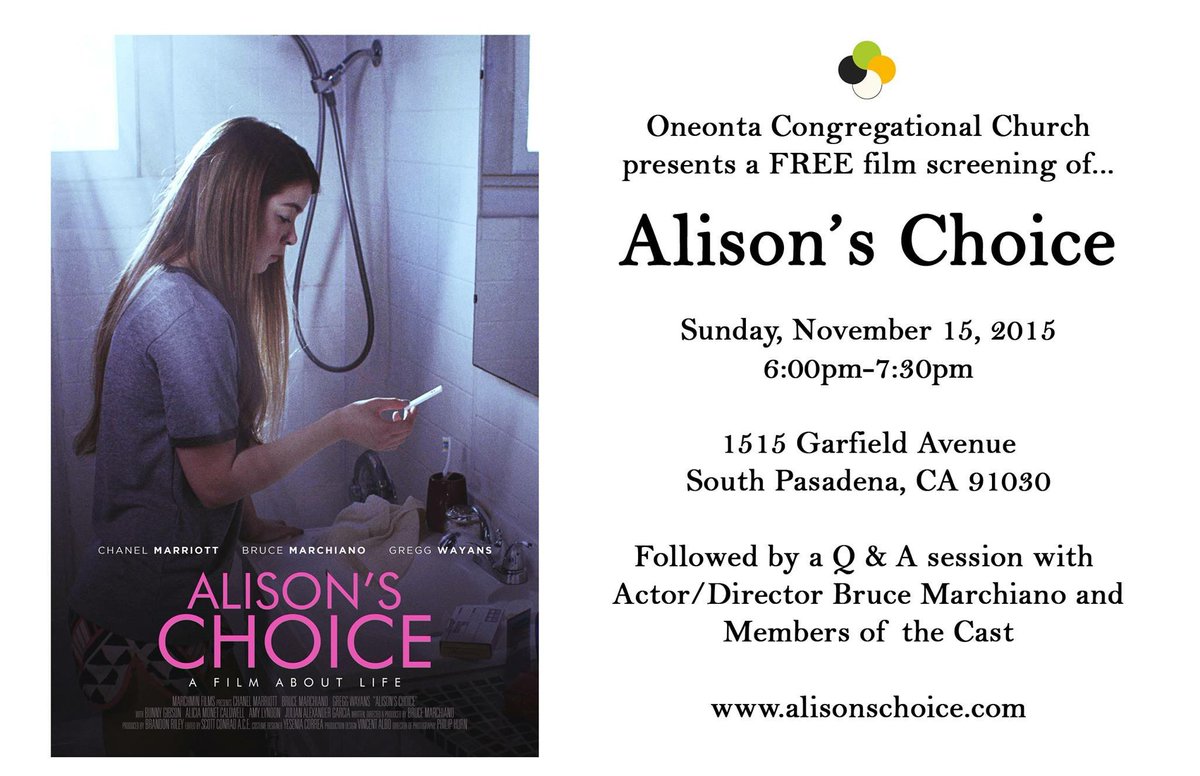 JenniferKeller1's tweet photo. FREE screening of #AlisonsChoice TONIGHT at @OneontaChurch. 1515 Garfield Ave, South Pasadena 91030. See you at 6pm! https://t.co/vkgXeg4bio
