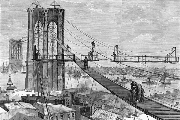 La construcción del Puente Brooklyn. Espectacular artículo en <a href="/structuralia/">Structuralia</a>! ow.ly/UE0Jy