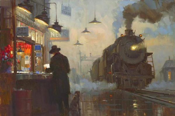 connect1492's tweet photo. > AT THE STATION painting by Mariya Gordeeva < #hazy #steamEngine #painting #misty via @MDatzberger RT @1alert1 .. https://t.co/sklvhEZDko