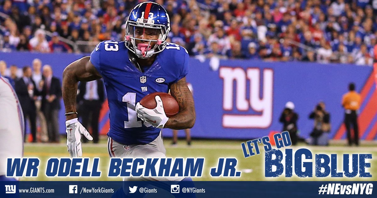 Giants's tweet image. WE'RE TIED! Eli Manning hits Odell Beckham Jr. for a 87-yard TD and the #Giants tie the game at 7-7! #NEvsNYG