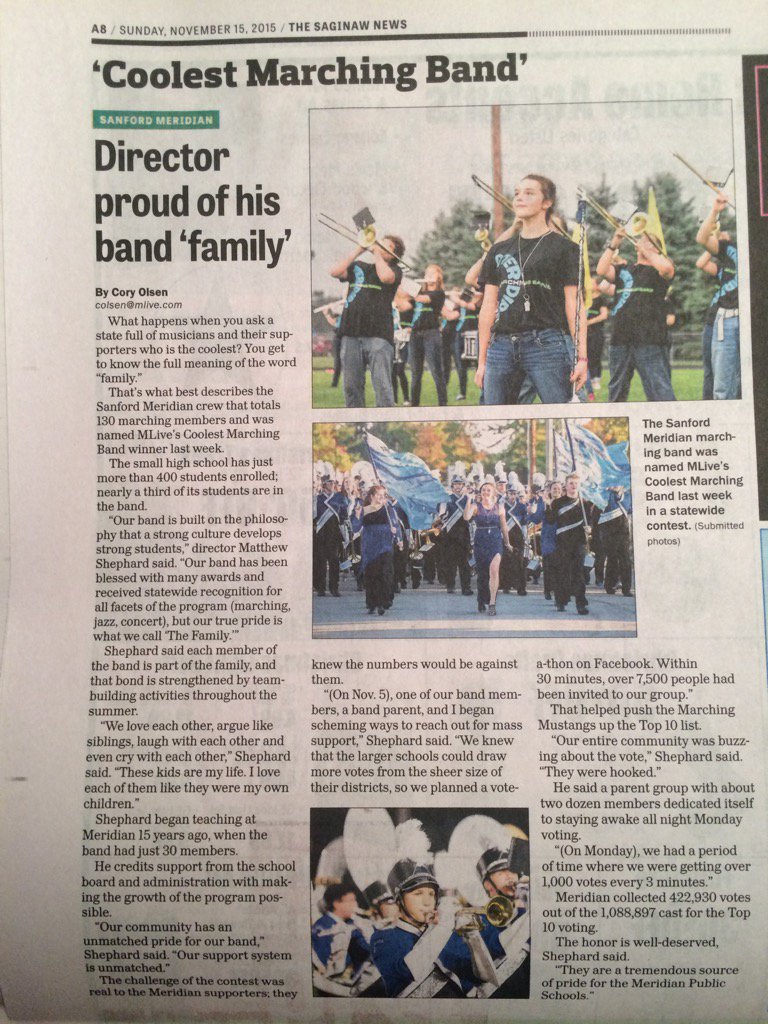 meridianbands's tweet photo. Look who I found in the
@saginawnews! Thanks for the nice article! #smalltownsrule #coolestband https://t.co/p3MVXjDPoY