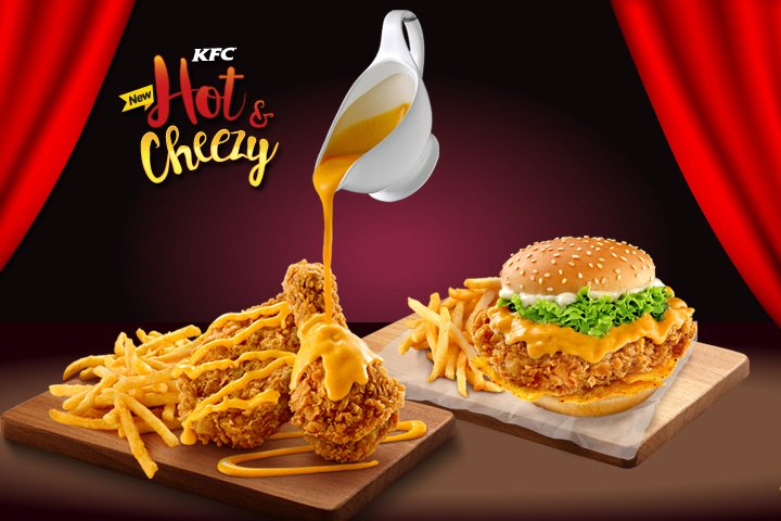 KFCmalaysia's tweet photo. The long wait is over! Welcome the best of spicy and cheesy coming together in chicken &amp; burger. #KFCHotCheezy https://t.co/FwafDdRDqQ